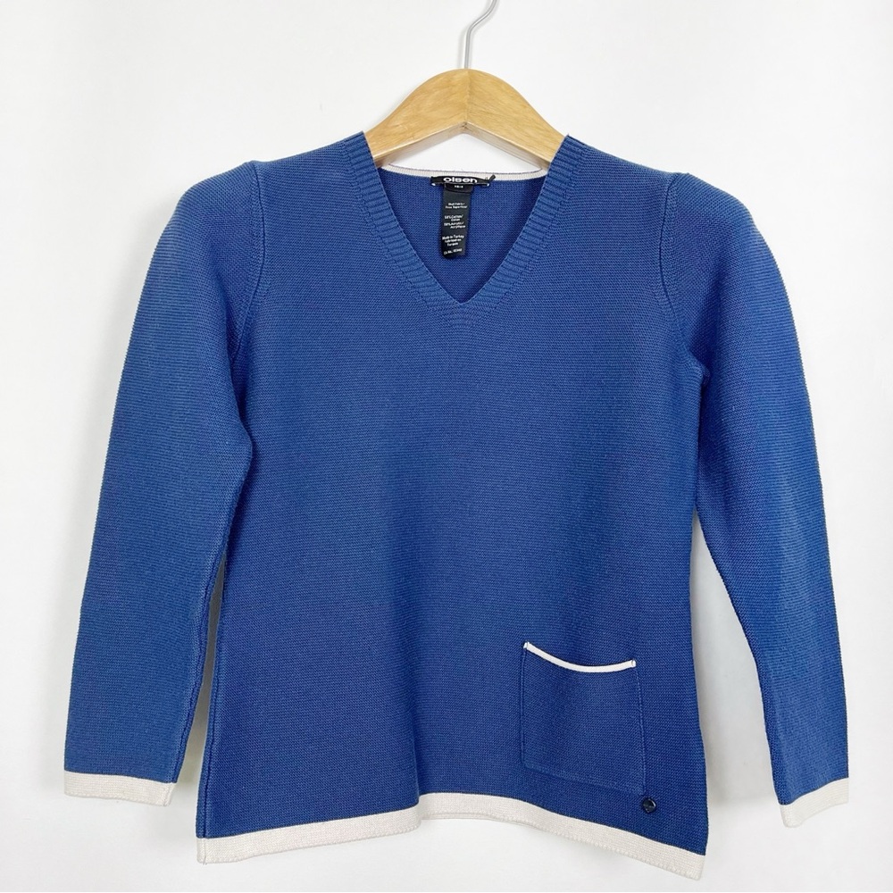 Olsen Classic Blue‎ V-Neck Sweater Lightweight Cotton Blend Knit Pocket Size XS